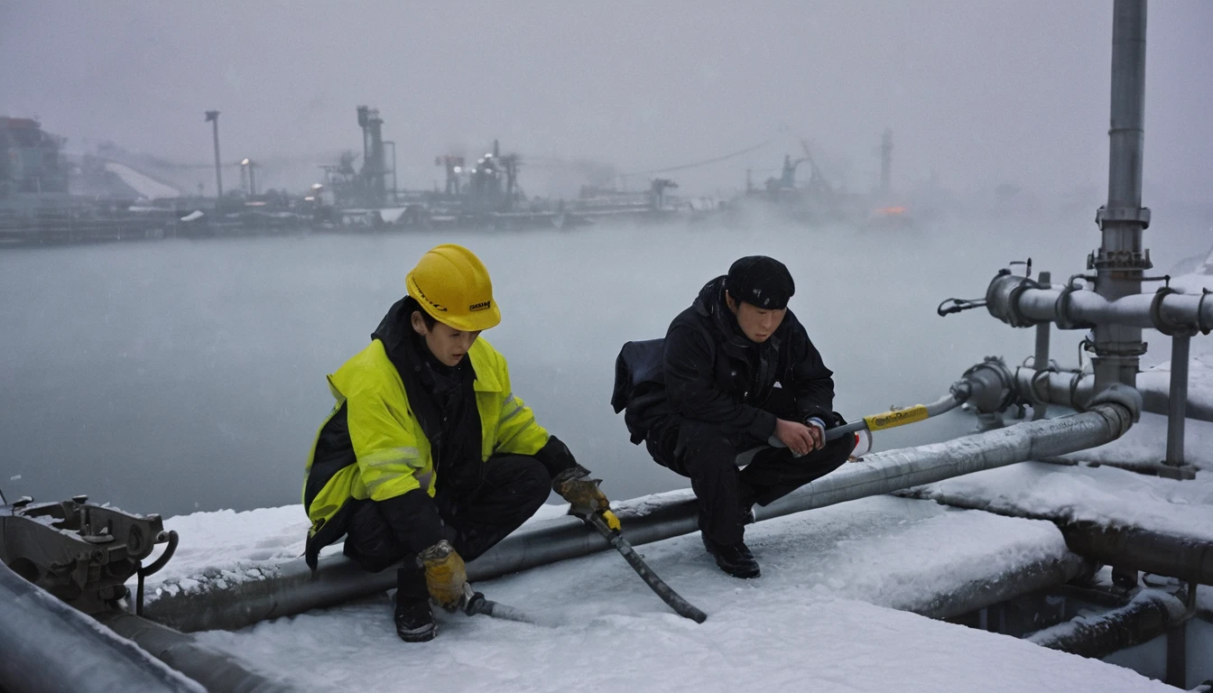 Two 20-year-old men working on a pipeline,Wearing black cotton jacket,(Yellow safety helmet:1.5),Asian,Huge pipe,Use a large wrench,A huge valve that opens half the screen,A huge valve that takes up half of the screen,Painful expression,With cap,Night,Night view,cold,Snow Covered,snowstorm,Gloomy sky