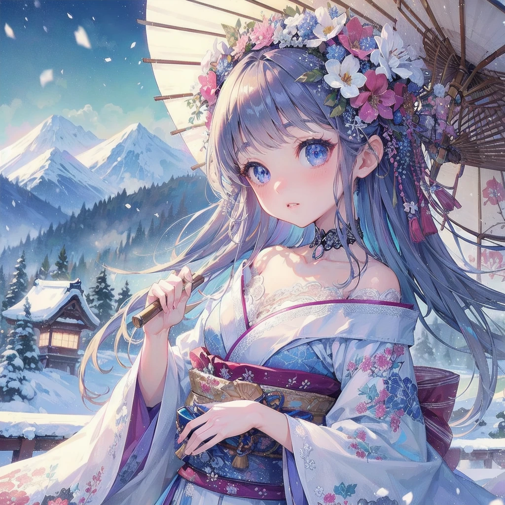 masterpiece, (textured skin), best quality, gorgeous beautiful, (a beautiful girl,yukionna,japanese snow fairy),detailed clothes,large breasts,narrow waist,, (beautiful face), cinematic lighting, (fantasy anime art ),