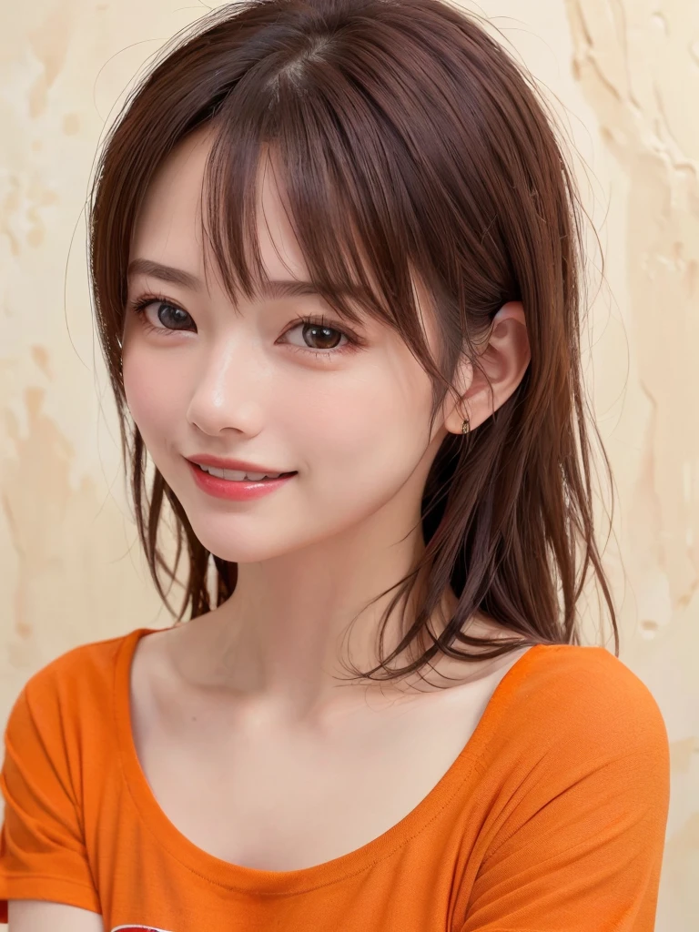 (Highest quality、8k、32K、masterpiece)、(Realistic)、(Photorealistic:1.2)、(High resolution)、Very detailed、Very beautiful face and eyes、1 girl、Round and small face、Narrow waist、Delicate body、(close、Highest quality、Attention to detail、Rich skin detail)、(Highest quality、8k、Oil paints:1.2)、Very detailed、(Realistic、Realistic:1.37)、Bright colors、(((Bust Shot)))、(((Brown Hair)))、(((Brown Hair)))、(((Medium Hair)))、(((Pure white wall background)))、(((Pure white wall background)))、(((Wearing orange clothes)))、(((She has a happy expression)))、(((Laughter)))、(((Wearing a crimson T-shirt)))、(((Look straight ahead)))、(((A shirt with a rainbow on it)))、(((Cross your arms)))、