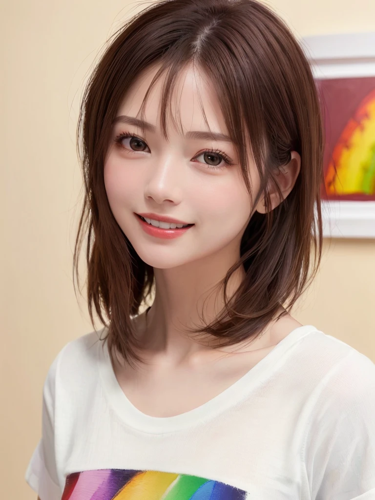 (Highest quality、8k、32K、masterpiece)、(Realistic)、(Photorealistic:1.2)、(High resolution)、Very detailed、Very beautiful face and eyes、1 girl、Round and small face、Narrow waist、Delicate body、(close、Highest quality、Attention to detail、Rich skin detail)、(Highest quality、8k、Oil paints:1.2)、Very detailed、(Realistic、Realistic:1.37)、Bright colors、(((Bust Shot)))、(((Brown Hair)))、(((Brown Hair)))、(((Medium Hair)))、(((Pure white wall background)))、(((Pure white wall background)))、(((Wearing orange clothes)))、(((She has a happy expression)))、(((Laughter)))、(((Wearing a crimson T-shirt)))、(((Look straight ahead)))、(((A shirt with a rainbow on it)))、(((Cross your arms)))、