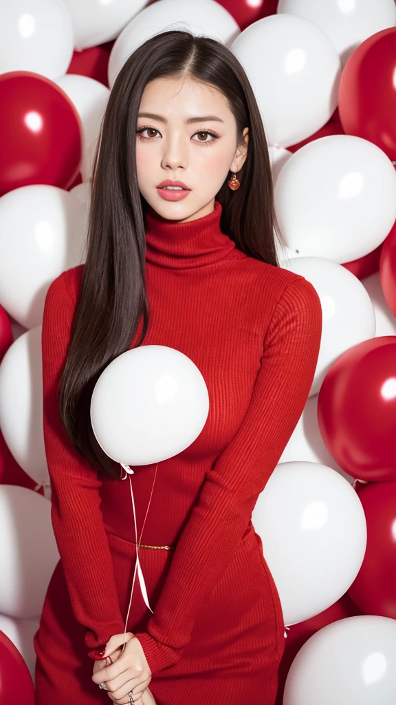 masterpiece, best quality, highly detailed background, perfect lightingbest quality,fashion portrait photo of beautiful young woman from the 60s wearing a red turtleneck standing in the middle of a ton of white balloons, taken on a hasselblad medium format camera