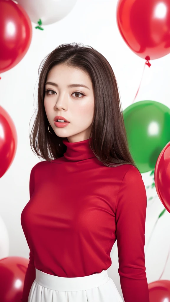 masterpiece, best quality, highly detailed background, perfect lightingbest quality,fashion portrait photo of beautiful young woman from the 60s wearing a red turtleneck standing in the middle of a ton of white balloons, taken on a hasselblad medium format camera