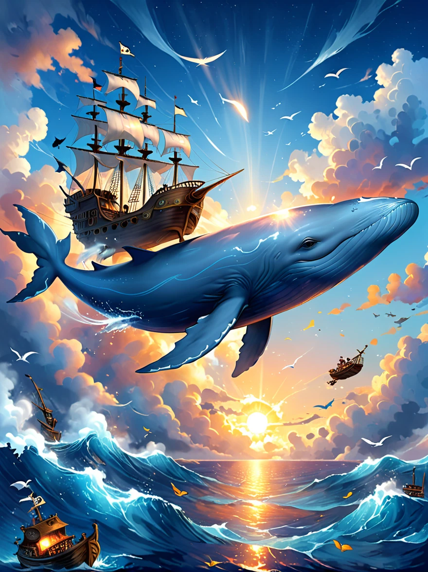 A radiant blue whale soaring in the sky above a pirate ship
