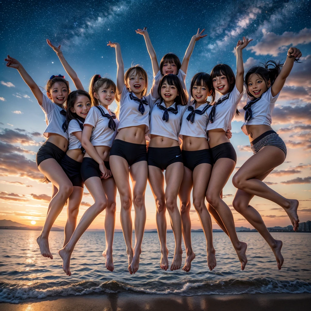  Masterpiece of ProfessionalPhoto ((ExtremelyDetailed (12 PICHIPICHI KAWAII Girls Floating in The Air in a row:1.37) in WHITE at Dusk Enoshima Beach)), {(Standing Full Body:1.2)|(from below:1.2)|Detailed KAWAII face}, Different types of hair colors, {(skinny(school swimwear))|(SchoolUniform)with Skinny AthleticShorts}, {(Corrected Childish hand)|Hidden hand|Different types of breasts|(Clearly Visible the shape of Butt)}, Joyful Expressions LifeLike Rendering, PerfectLighting, (Dazzling Horizon Visible through ThighGap), (Starry IridescentParticles:1.22) ColorfulClouds