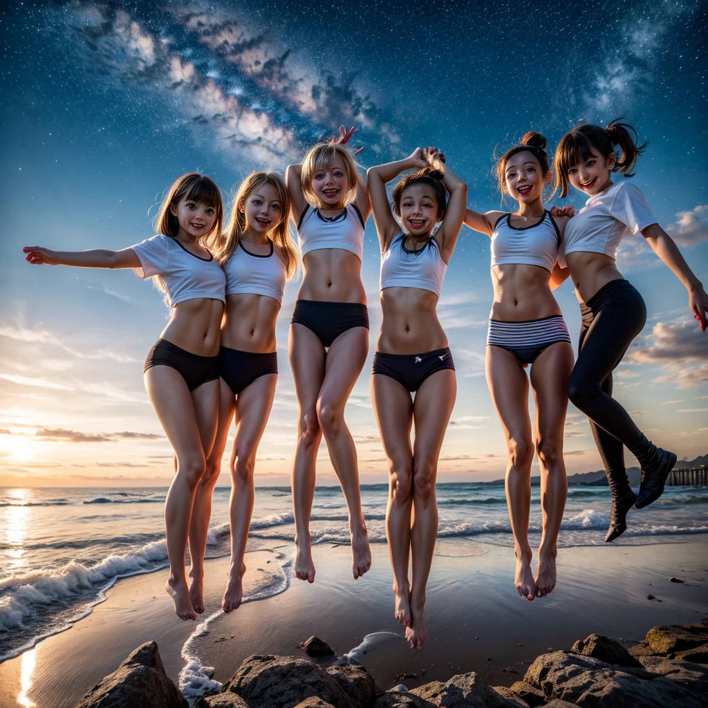 Masterpiece of ProfessionalPhoto ((ExtremelyDetailed (12 PICHIPICHI KAWAII Girls Floating in The Air in a row:1.37) in WHITE at Dusk Enoshima Beach)), {(Standing Full Body:1.2)|(from below:1.2)|Detailed KAWAII face}, Different types of hair colors, {(skinny(school swimwear))|(SchoolUniform)with Skinny AthleticShorts}, {(Corrected ish hand)|Hidden hand|Different types of breasarly Visible the shape of Butt)}, Joyfxpressions LifeLike Rendering, PerfectLighting, (Dazzling Horizon Visible through ThighGap), (Starry IridescentParticles:1.22) ColorfulClouds