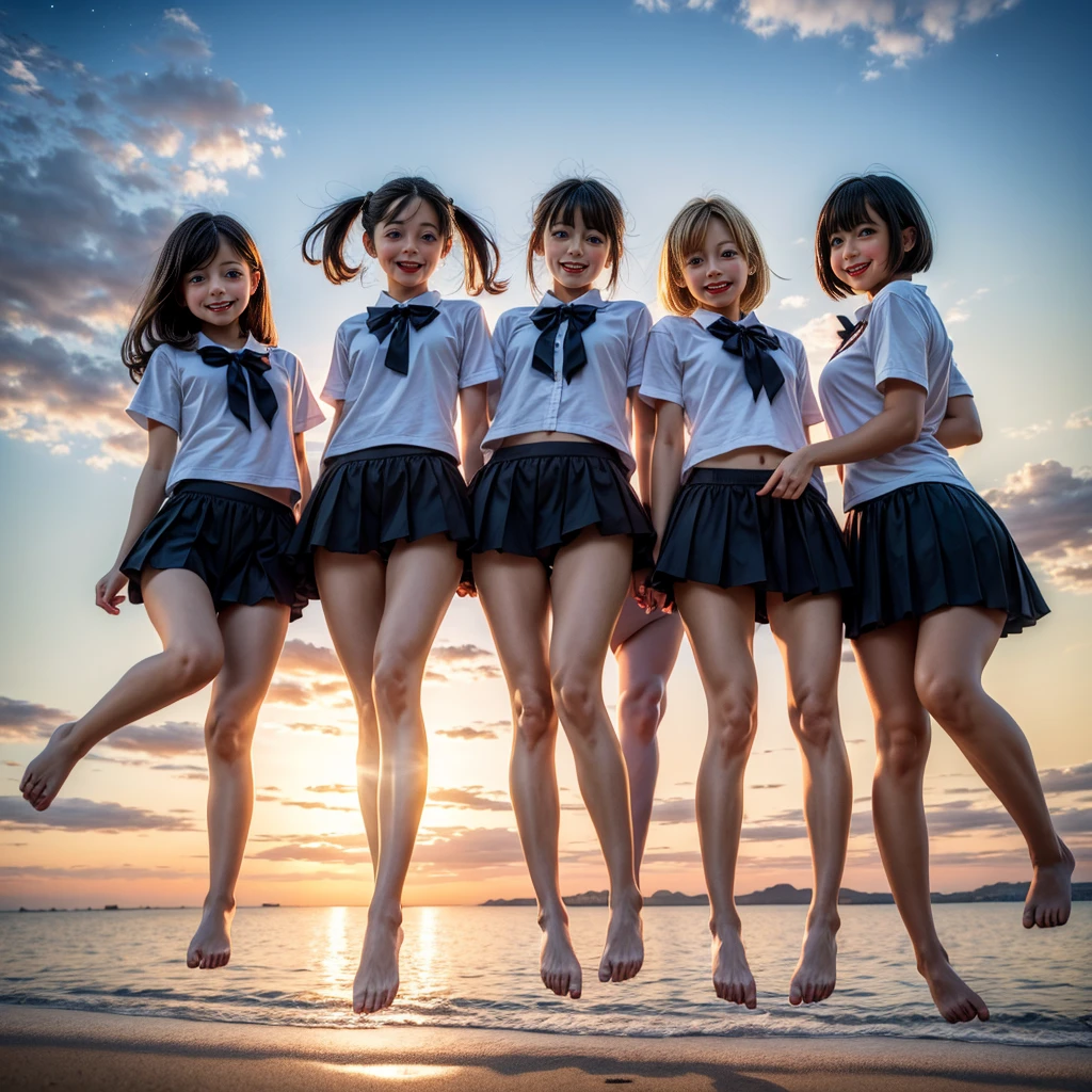 Masterpiece of ProfessionalPhoto ((ExtremelyDetailed (12 PICHIPICHI KAWAII Girls Floating in The Air in a row:1.37) in WHITE at Dusk Enoshima Beach)), {(Standing Full Body:1.2)|(from below:1.2)|Detailed KAWAII face}, Different types of hair colors, {(skinny(school swimwear))|(SchoolUniform)with Skinny AthleticShorts}, {(Corrected Childish hand)|Hidden hand|Different types of breasts|(Clearly Visible the shape of Butt)}, Joyful Expressions LifeLike Rendering, PerfectLighting, (Dazzling Horizon Visible through ThighGap), (Starry IridescentParticles:1.22) ColorfulClouds