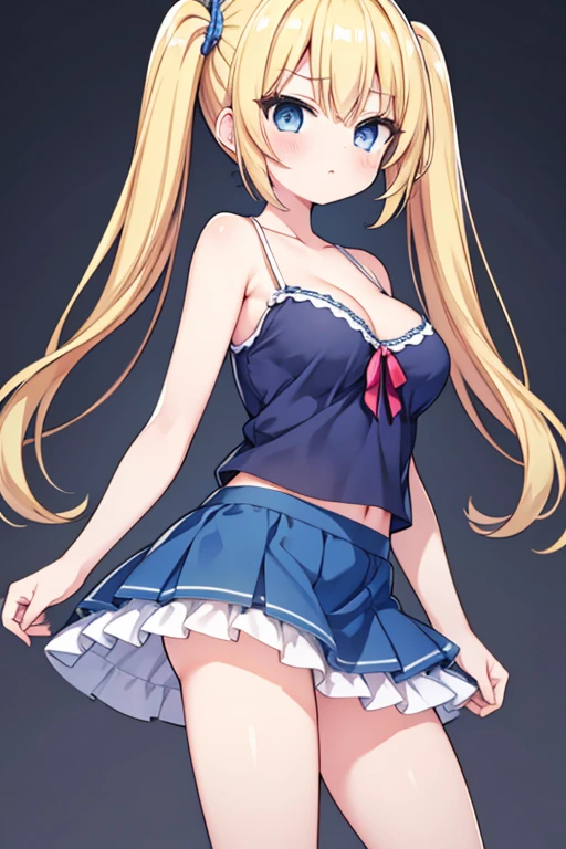 Highest quality,masterpiece,8k,Blonde with blue eyes、camisole、A very short mini skirt,Cleavage,Side view,Large Breasts、Twin tails、Girl&#39;s Mischief,Bucket hat,bucket hat,