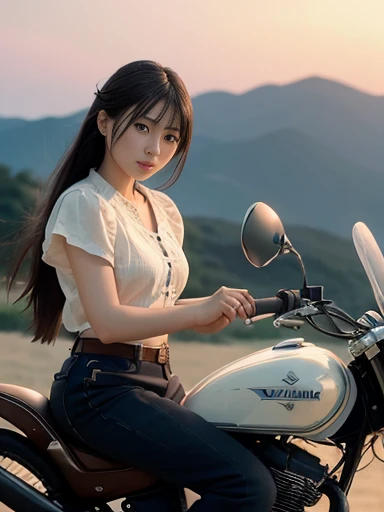 Japanese female, a lot of details, (underweight), 30 years old,masterpiece, best quality, cinematic photo of classic, YAMAHA motorcycle, vintage car, glossy surface, wild west background, sunset, high resolution, photograph, film, highres