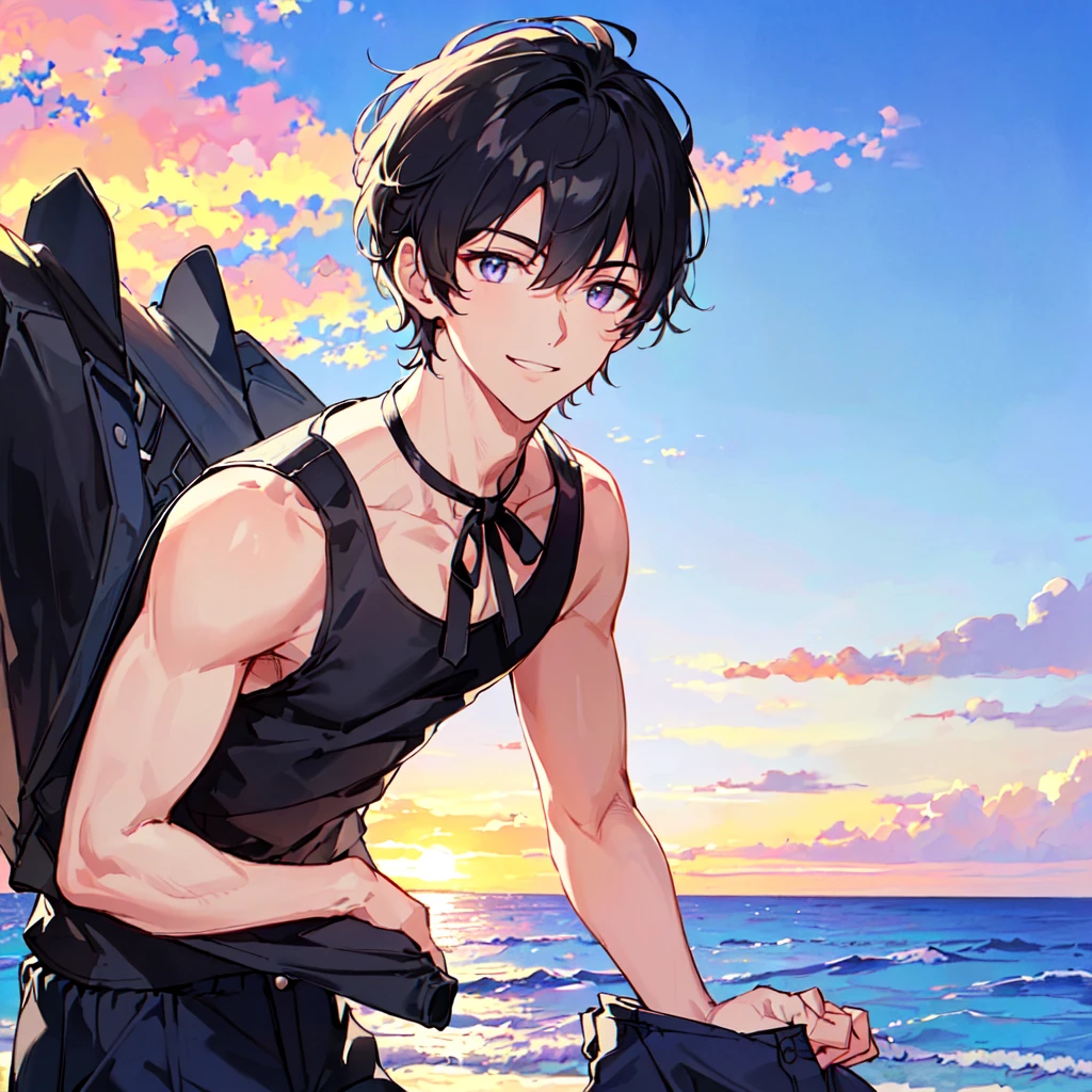 masterpiece,best quality,high quality,(1 male austere handsome solo adult age 30 years old:1.5), purple eyes, cool with suspended eyes, V-shaped eyebrows, body strong and fearless 8.5 head tall, height 185cm, (well-groomed black short hair down to neck:1.4), (bangs 7 thirds parted:1.4), slender nose, facial muscles, throat, (tank top and pants in summer fashion:1.3), (stylish pose), (cool smile:1.3), (background ocean:1.3), (sunset:1.3) , (upper body:1.3)