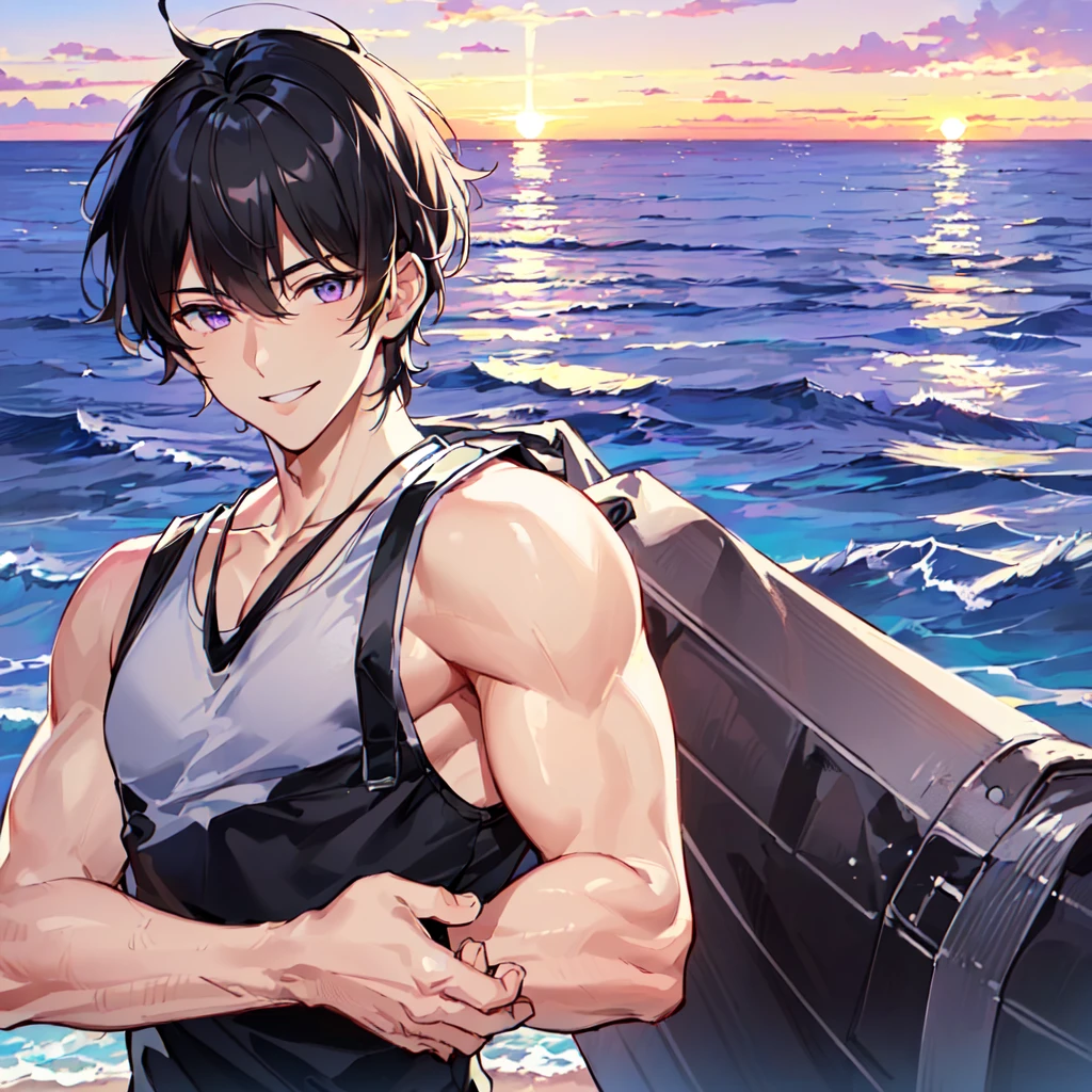 masterpiece,best quality,high quality,(1 male austere handsome solo adult age 30 years old:1.5), purple eyes, cool with suspended eyes, V-shaped eyebrows, body strong and fearless 8.5 head tall, height 185cm, (well-groomed black short hair down to neck:1.4), (bangs 7 thirds parted:1.4), slender nose, facial muscles, throat, (tank top and pants in summer fashion:1.3), (stylish pose), (cool smile:1.3), (background ocean:1.3), (sunset:1.3) , (upper body:1.3)