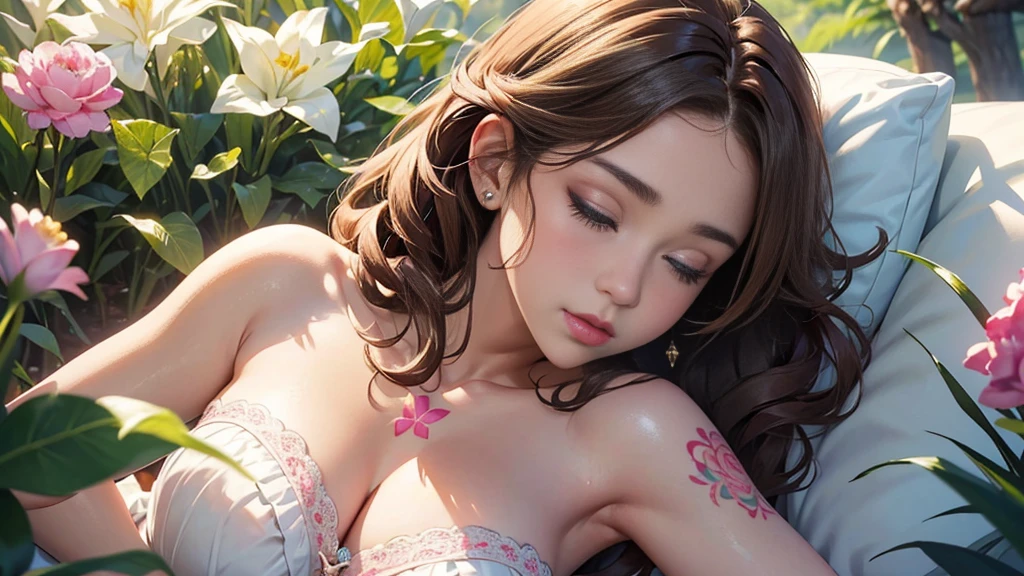 (A glamorous atmosphere)、masterpiece、solo、Very detailed、Very detailed、Ultra-high resolution、Photorealistic、scattered flowers, ((Blouse made of transparent light fabric、胸が大きく開いた淡いpinkのシャツ,,、Tattoo from neck to shoulder Tattoo in the center of the chest Tattoo on both arms))、Upper body、Curly Hair、Hair length、Light brown hair、Exquisite face、The most beautiful woman、Refreshing look、Sexy look、pink、Sophistication、Impersonation face、((Real Art、淡いpinkと淡いオレンジの背景、Look straight ahead、Sleep on your back))