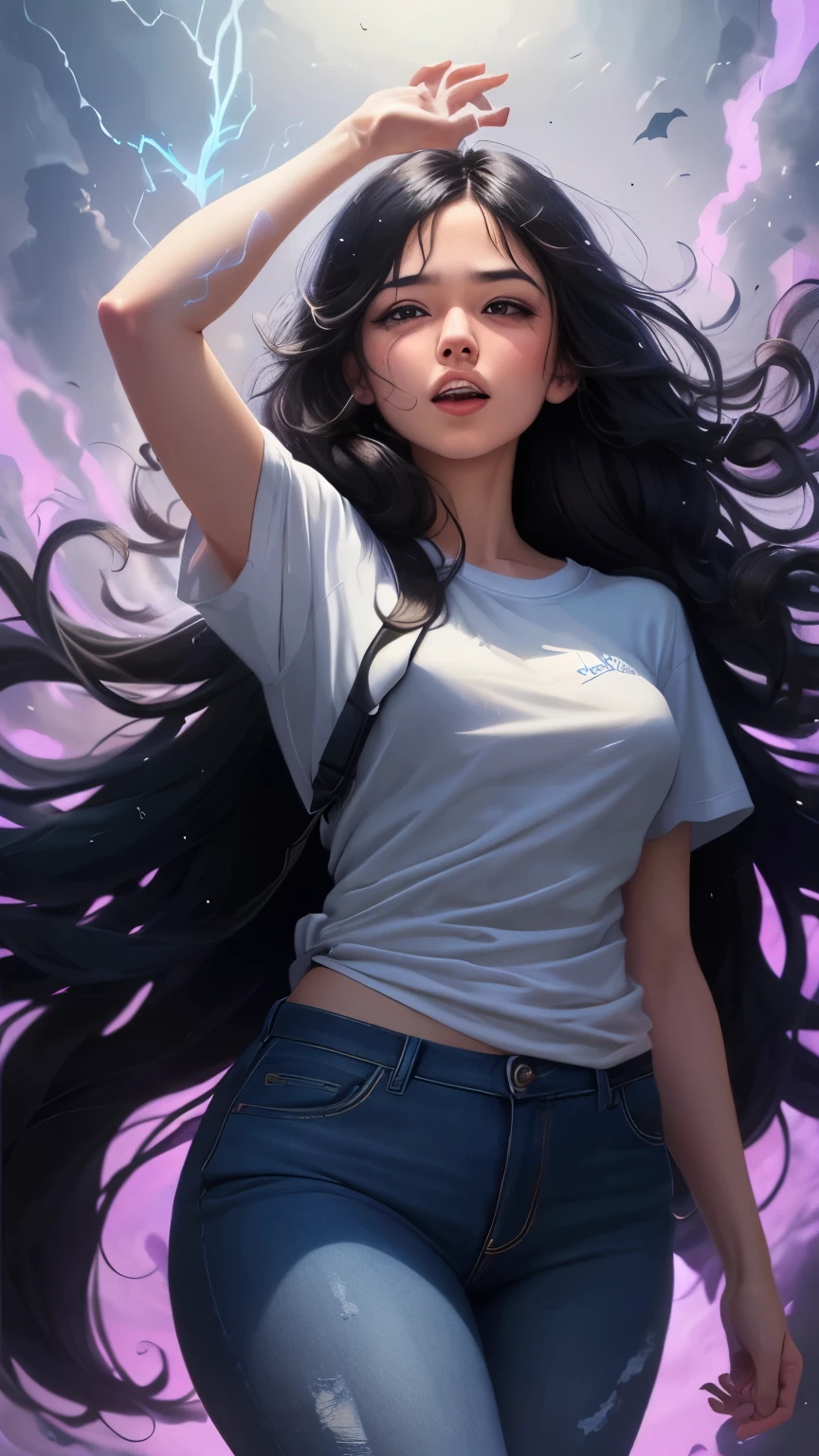 ((best quality)), ((masterpiece)), (detailed), A digital illustration of a long black haired girl being lifted in the air by purple negative energy, representing inner turmoil and pain with haunted background. She is wearing a plain white t-shirt and blue jeans.