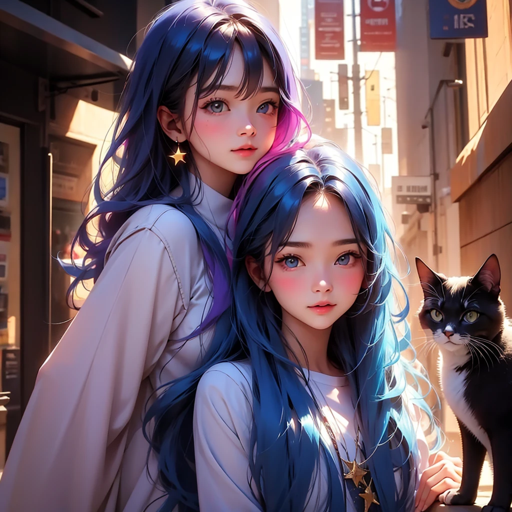 A girl with long blue hair and brown eyes with a star as a pupil , accompanied by a cat that is purple. 