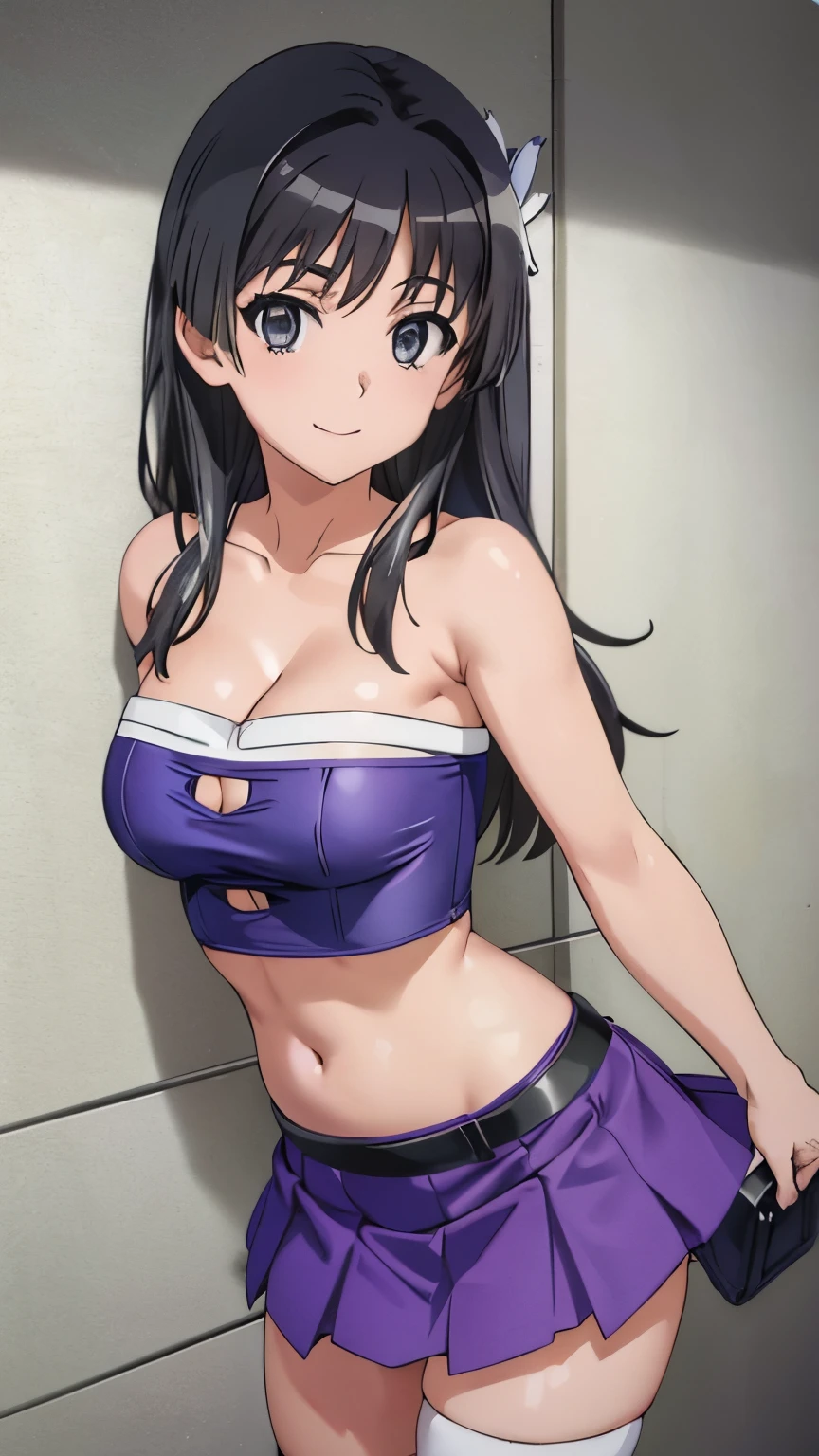 pixel perfect, Perfect in every detail, alone, 1 girl, Saten Ruiko, medium breasts,(tube top, cleavage, underbust, purple tube top, strapless, belly button, midriff, mini skirt, bare shoulders, detachable sleeves, white knee socks),smile,stylish pose,stylish angle,looking at the viewer,in the center of the image,