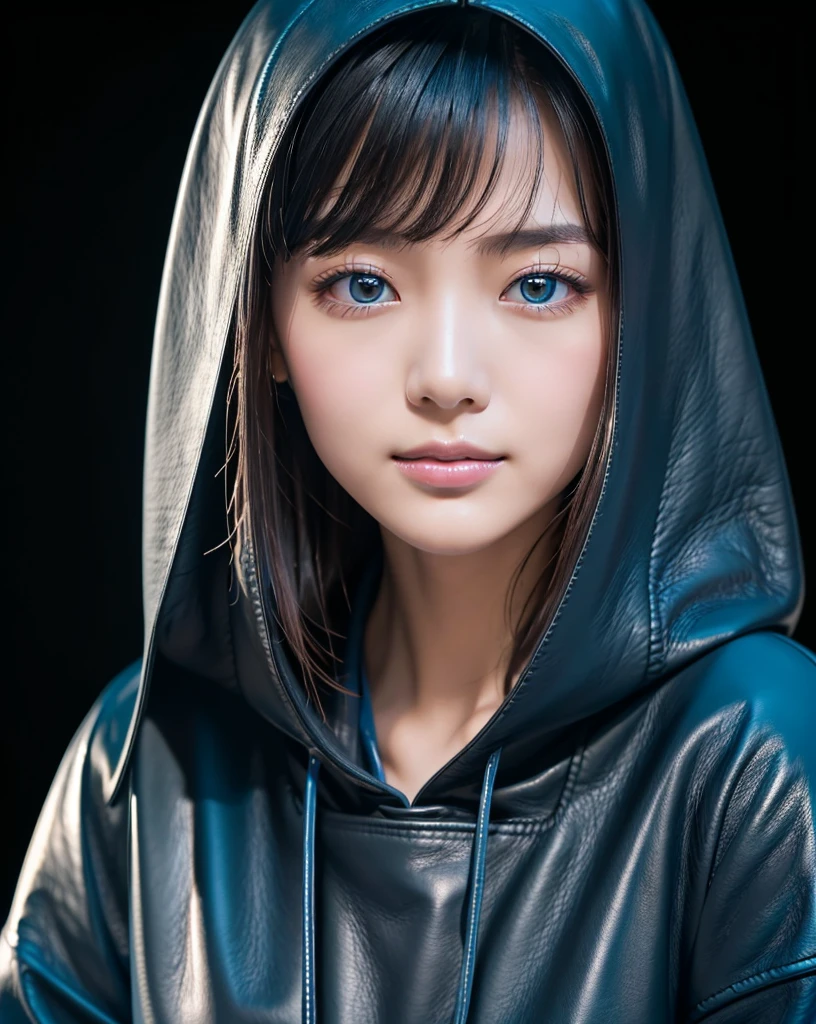 (Highest quality, 32K, High resolution, Masterpiece:1.5, ), marimo_jet, god々A photograph with brilliant dazzling and healing power., Evoking a sense of calm and elusive beauty, Expressing emotions, Have a rich imagination, Beautiful Japanese Girls, An exceptionally beautiful face, Small Face Beauty, Perfect Human Anatomy, Magical big eyes, Motherhood and generosity, Deep Love, fleeting smile, Shiny black hair, Asymmetrical bangs, Hair between the eyes, Transparent, soft white skin, Sharp eyebrows, Thin lashes, Natural Makeup, Cheek highlighter, Pale pink detailed lips, (black hooded leather coat:1.4), ((Dark Room:1.2)), ((Blue light on a black wall:1.3)), Professional photographer, Professional Lighting, Professional models, god秘的