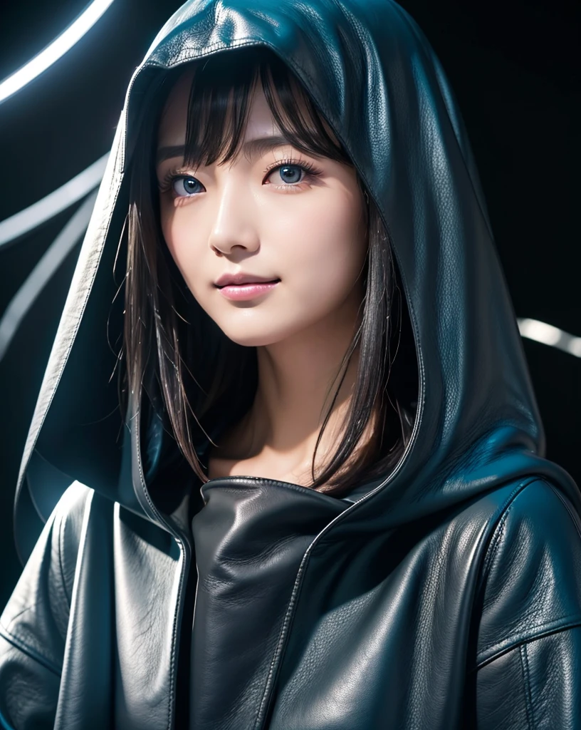 (Highest quality, 32K, High resolution, Masterpiece:1.5, ), marimo_jet, god々A photograph with brilliant dazzling and healing power., Evoking a sense of calm and elusive beauty, Expressing emotions, Have a rich imagination, Beautiful Japanese Girls, An exceptionally beautiful face, Small Face Beauty, Perfect Human Anatomy, Magical big eyes, Motherhood and generosity, Deep Love, fleeting smile, Shiny black hair, Asymmetrical bangs, Hair between the eyes, Transparent, soft white skin, Sharp eyebrows, Thin lashes, Natural Makeup, Cheek highlighter, Pale pink detailed lips, (black hooded leather coat:1.4), ((Dark Room:1.2)), ((Blue light on a black wall:1.3)), Professional photographer, Professional Lighting, Professional models, god秘的