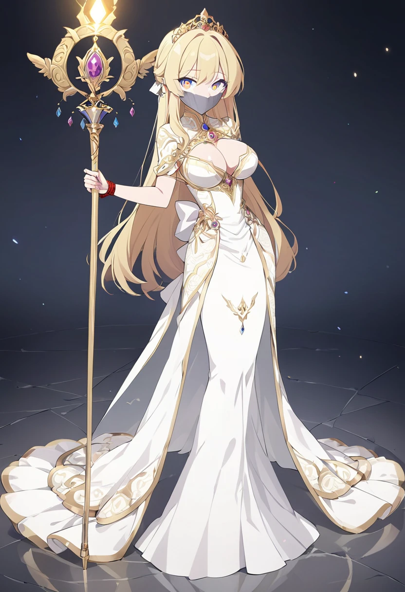 score_9, score_8_up, source_anime, 1girl, solo,The image appears to show a detailed character design from a video game or an animated series. The character is a regal-looking woman with long blonde hair, wearing an elaborate and ornate white and gold outfit.lomg dress,dress, She holds a staff with a glowing tip, and her attire includes decorative elements like wings and gemstones. Her overall appearance suggests she might be a queen, goddess, or a powerful mage.(bound wirsts), (arms behind back), (tapegag, tape gag), dramatic,  (looking at viewer), (detailed pupils:1.3), ,red rope, thick rope,normal breast,full body 