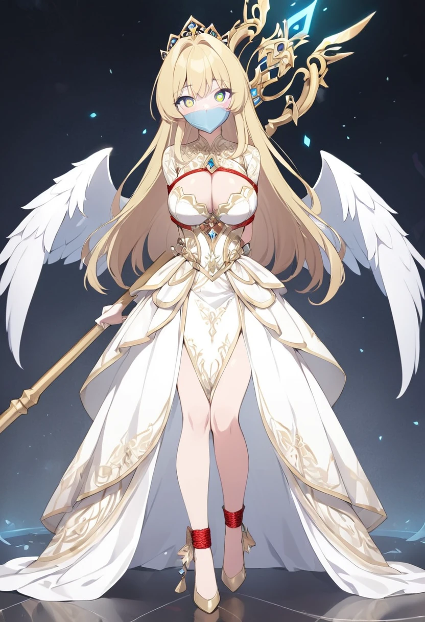 score_9, score_8_up, source_anime, 1girl, solo,The image appears to show a detailed character design from a video game or an animated series. The character is a regal-looking woman with long blonde hair, wearing an elaborate and ornate white and gold outfit.lomg dress,dress, She holds a staff with a glowing tip, and her attire includes decorative elements like wings and gemstones. Her overall appearance suggests she might be a queen, goddess, or a powerful mage.(bound wirsts), (arms behind back), (tapegag, tape gag), dramatic,  (looking at viewer), (detailed pupils:1.3), ,red rope, thick rope,normal breast,full body 