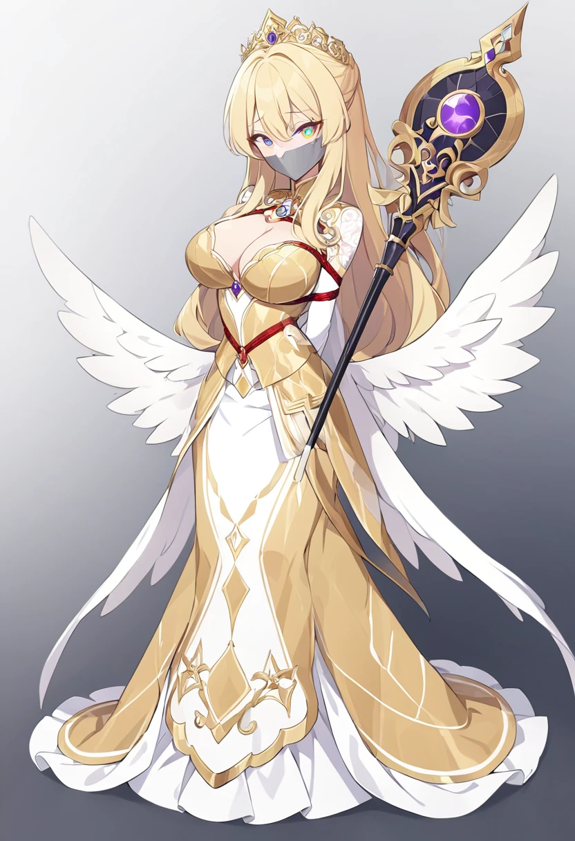 score_9, score_8_up, source_anime, 1girl, solo,The image appears to show a detailed character design from a video game or an animated series. The character is a regal-looking woman with long blonde hair, wearing an elaborate and ornate white and gold outfit.lomg dress,dress, She holds a staff with a glowing tip, and her attire includes decorative elements like wings and gemstones. Her overall appearance suggests she might be a queen, goddess, or a powerful mage.(bound wirsts), (arms behind back), (tapegag, tape gag), dramatic,  (looking at viewer), (detailed pupils:1.3), ,red rope, thick rope,normal breast,full body 