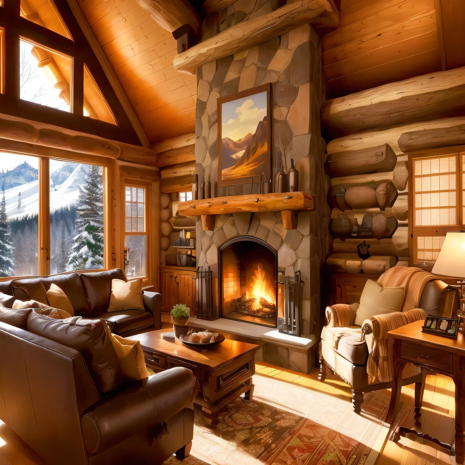 arafed living room with a fireplace and a couch and a table, Warm living room, Warm interior, Warm interiors, Log Cabin, シャッターstock, Cozy living room, stock, Home interior, warm fireplace, Log Home, Luxury wooden cottage, in a cabin, Warm and beautiful scenery, Cozy atmosphere, fireplace, Beautiful interior, Cozy environment, fireplaceの燃え盛る音