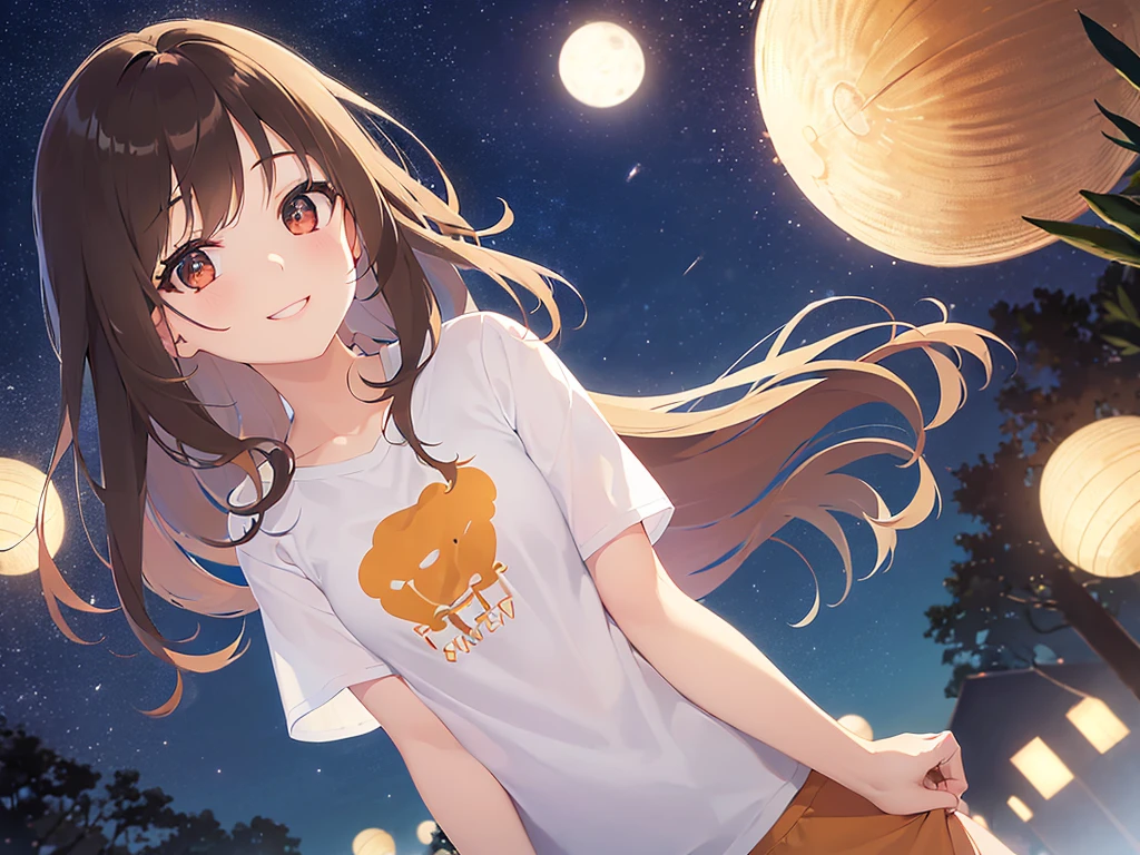 (looking at viewer:1.5),upper body,head tilt, Realistic, real person, (pale skin: 1.2), RAW photo, photorealistic, shiny skin, shiny hair、 (A 25-year-old woman with medium-length hair and bangs) and (wavy hair) and (brown hair) and (orange eyes)、(white) and (T-shirt:1.5) and (V neck) 、Cleavage、blush, (smile:1.5),Midnight in the Park、Night Sky、(alone:1.5)