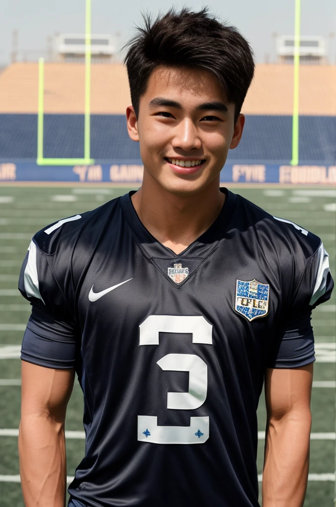 single: 1.5, (ที่TRUEแล้ว, Masterpiece, 8k HD, good light quality, sportswear, to fit the face, complicated details), A handsome Korean man with muscular arms.. , 20 years old, be happy, smile brightly, detailed face, delicate eyes, look at the sky, Wear a tight blue t-shirt.:1.6 ., black eyes, Black hair color, ผมsmooth, smooth,SurTRUE,Excellent details,Highest quality,TRUE,Open your mouth to talk.. , Close your eyes.., (standing in the football field:1.5)