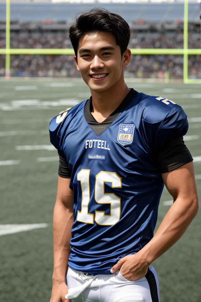 single: 1.5, (ที่TRUEแล้ว, Masterpiece, 8k HD, good light quality, sportswear, to fit the face, complicated details), A handsome Korean man with muscular arms.. , 20 years old, be happy, smile brightly, detailed face, delicate eyes, look at the sky, Wear a tight blue t-shirt.:1.6 ., black eyes, Black hair color, ผมsmooth, smooth，SurTRUE，Excellent details，Highest quality，TRUE，Open your mouth to talk.. , Close your eyes.., (standing in the football field:1.5)