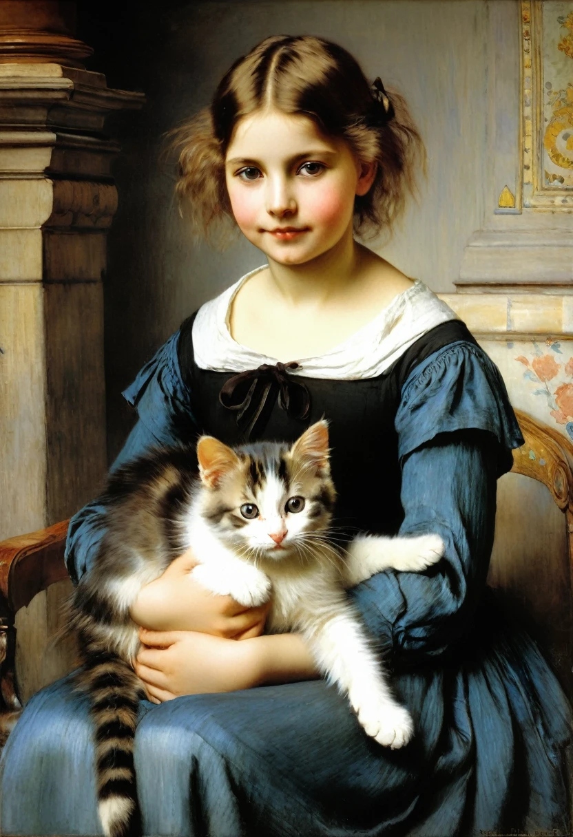 painting of a girl holding a cat and a kitten in her lap, by Karl Lemoch, by Marie Krøyer, by Albert Anker, by Wilhelmina Weber Furlong, by Hubert von Herkomer, berthold woltze, she is holding a cat in her arms, holding a cat, adolf hiremy - hirschl, by Ludwig Knaus