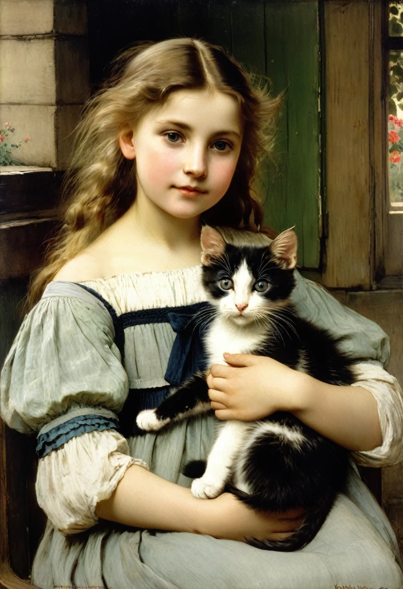 painting of a girl holding a cat and a kitten in her lap, by Karl Lemoch, by Marie Krøyer, by Albert Anker, by Wilhelmina Weber Furlong, by Hubert von Herkomer, berthold woltze, she is holding a cat in her arms, holding a cat, adolf hiremy - hirschl, by Ludwig Knaus