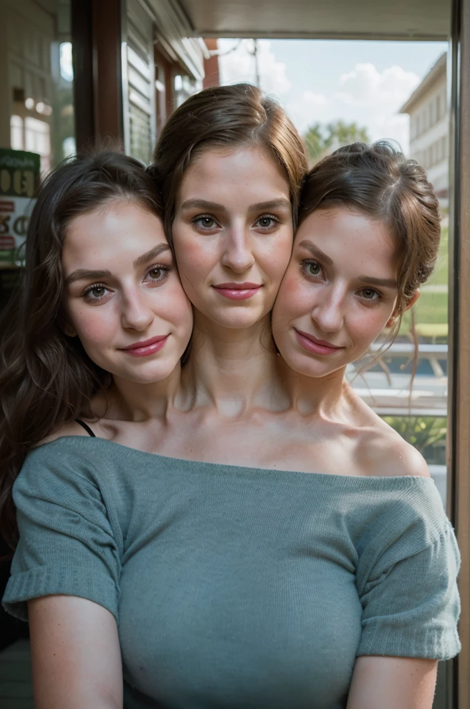 3heads, three headed girl, (a girl and a 30 year old woman:1.5)