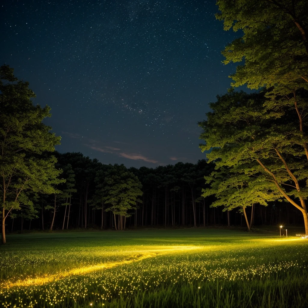 Quiet summer night、A scene of countless fireflies dancing on a green field