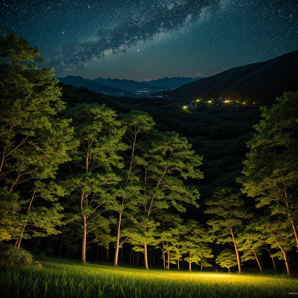 Quiet summer night、A scene of countless fireflies dancing on a green field