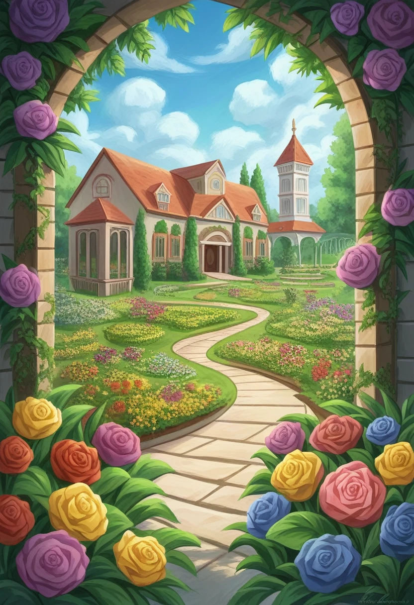 a garden with a wheelbarrow full of flowers, marigold background, garden with flowers background, with colorful flowers and plants, beautiful isometric garden, background of flowery hill, garden background, royal garden background, garden with flowers, background art, sunny day background, cottagecore flower garden, house background, garden landscape, flower garden, home and garden, 4k hd,, beautiful art uhd 4 k, a beautiful artwork illustration, beautiful digital painting, highly detailed digital painting, beautiful digital artwork, detailed painting 4 k, very detailed digital painting, rich picturesque colors, gorgeous digital painting