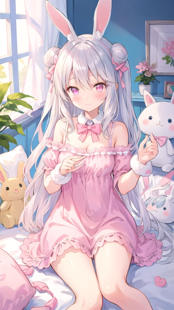 beautiful illustration, best quality, cute girl, bedroom, pastel color, fluffy bunny ears, , silver long hair, rabbit stuffed toy, bright lighting, light pink eyes