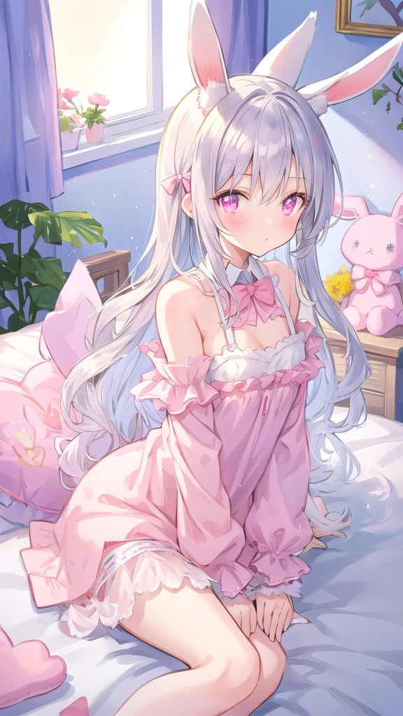 beautiful illustration, best quality, cute girl, bedroom, pastel color, fluffy bunny ears, , silver long hair, rabbit stuffed toy, bright lighting, light pink eyes