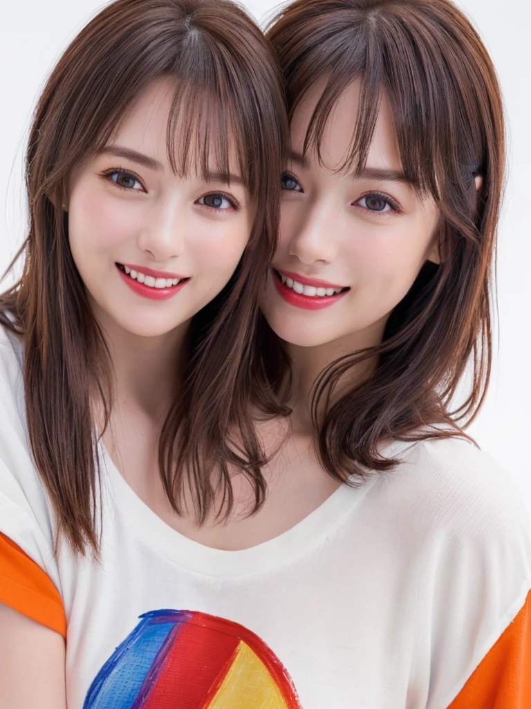 (Highest quality、8k、32K、masterpiece)、(Realistic)、(Photorealistic:1.2)、(High resolution)、Very detailed、Very beautiful face and eyes、1 girl、Round and small face、Narrow waist、Delicate body、(close、Highest quality、Attention to detail、Rich skin detail)、(Highest quality、8k、Oil paints:1.2)、Very detailed、(Realistic、Realistic:1.37)、Bright colors、(((Bust Shot)))、(((Brown Hair)))、(((Brown Hair)))、(((Medium Hair)))、(((Pure white wall background)))、(((Pure white wall background)))、(((Wearing orange clothes)))、(((She has a happy expression)))、(((Laughter)))、(((Wearing a crimson T-shirt)))、(((Look straight ahead)))、(((A shirt with a rainbow on it)))、(((Cross your arms)))、