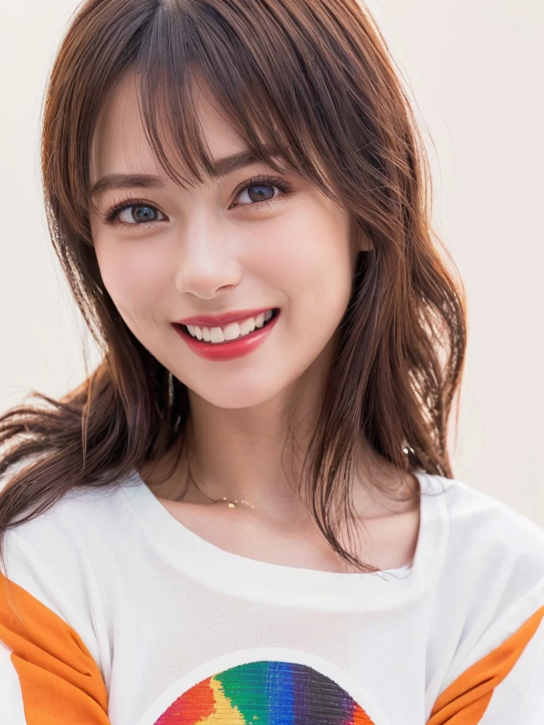 (Highest quality、8k、32K、masterpiece)、(Realistic)、(Photorealistic:1.2)、(High resolution)、Very detailed、Very beautiful face and eyes、1 girl、Round and small face、Narrow waist、Delicate body、(close、Highest quality、Attention to detail、Rich skin detail)、(Highest quality、8k、Oil paints:1.2)、Very detailed、(Realistic、Realistic:1.37)、Bright colors、(((Bust Shot)))、(((Brown Hair)))、(((Brown Hair)))、(((Medium Hair)))、(((Pure white wall background)))、(((Pure white wall background)))、(((Wearing orange clothes)))、(((She has a happy expression)))、(((Laughter)))、(((Wearing a crimson T-shirt)))、(((Look straight ahead)))、(((A shirt with a rainbow on it)))、(((Cross your arms)))、