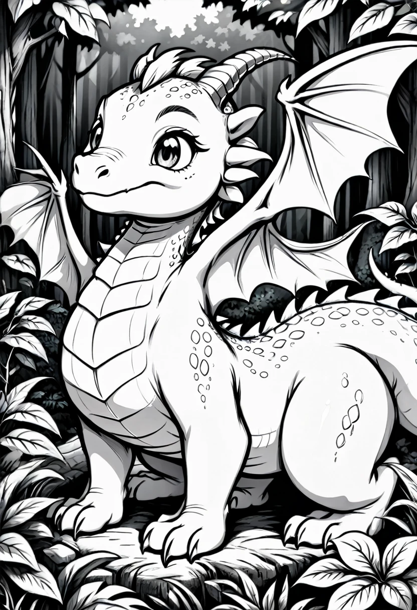 cute and friendly dragon with his friend in the forest, no core, only strokes, ultra detailed, line art coloring page, coloring pages, coloring book outline, coloring page, coloring in black and white, coloring book page, coloring - in sheet, coloring pages