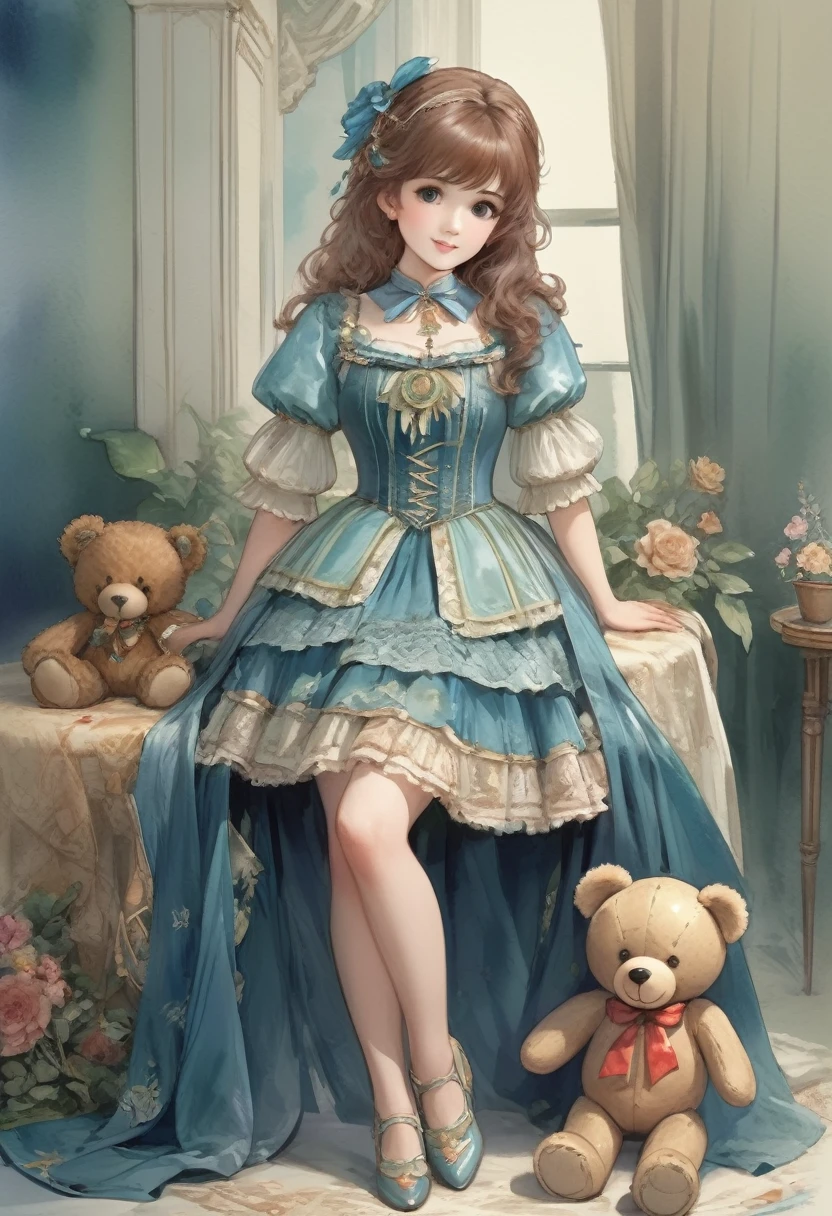 ((antique:1.5)),((With a big teddy bear:1.5)),Beautiful and cute woman,1 Female,Solo,Sharp features,Sophisticated,((Watercolor:1.5)),whole body,超High resolution,((Attention to detail)),high quality,High resolution,最high quality,(vintage:1.4),(Cute pose:1.3),Dull color,So adorable,model like,Fluffy atmosphere,(Accurate body),((antiqueな服:1.5)),