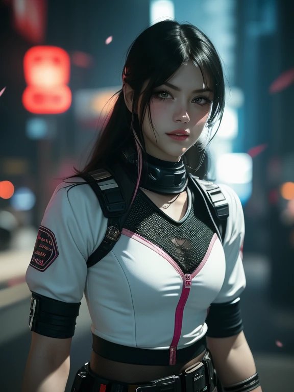 woman holding a gun on a white background, Female cyberpunk girl, cyber punk Girl, Letty in Devil May Cry,White top，denim short，Belt decoration，blue color eyes， Guweiz style artwork, author：Hero, guweiz, cyberpunk angry gorgeous goddess, Female anime characters, cyber punk Girl, Cyberpunk 20 years old. oh oh oh，Model girl, jet black haired cyberpunk girl, (intricate and beautiful:1.2), (detailed light:1.2), (soft lighting, side lighting, reflected light), (colorful, dynamic angle),    fingerless gloves, smug, smile, furrowed brow, standing, fighting stance, portrait,  dynamic pose, light passing through hair,  (official art), (realistic skin texture:1.2), (sharp) ,  HDR, studio lighting, sharp focus, physically-based rendering, extreme detail description,  perfect shape, facing viewer, sweaty, gorgeous, appearing in full frame, good-looking, Beautiful fair skin and luster, Beautiful eyes are big and bright, Small mouth and thin lips, Goodness of style and slendernes), beautiful woman illuminated by seven colors of light, Irridescent coloe, enchanting aura, surrounded by cherry blossom trees, delicate and vibrant petals falling all around her, soft pink and white colors, creating a warm and dreamy atmosphere