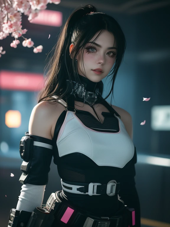 woman holding a gun on a white background, Female cyberpunk girl, cyber punk Girl, Letty in Devil May Cry,White top,denim short,Belt decoration,blue color eyes, Guweiz style artwork, author:Hero, guweiz, cyberpunk angry gorgeous goddess, Female anime characters, cyber punk Girl, Cyberpunk 20 years old. oh oh oh,Model girl, jet black haired cyberpunk girl, (intricate and beautiful:1.2), (detailed light:1.2), (soft lighting, side lighting, reflected light), (colorful, dynamic angle), fingerless gloves, smug, smile, furrowed brow, standing, fighting stance, portrait, dynamic pose, light passing through hair, (official art), (realistic skin texture:1.2), (sharp) , HDR, studio lighting, sharp focus, physically-based rendering, extreme detail description, perfect shape, facing viewer, sweaty, gorgeous, appearing in full frame, good-looking, Beautiful fair skin and luster, Beautiful eyes are big and bright, Small mouth and thin lips, Goodness of style and slendernes), beautiful woman illuminated by seven colors of light, Irridescent coloe, enchanting aura, surrounded by cherry blossom trees, delicate and vibrant petals falling all around her, soft pink and white colors, creating a warm and dreamy atmosphere