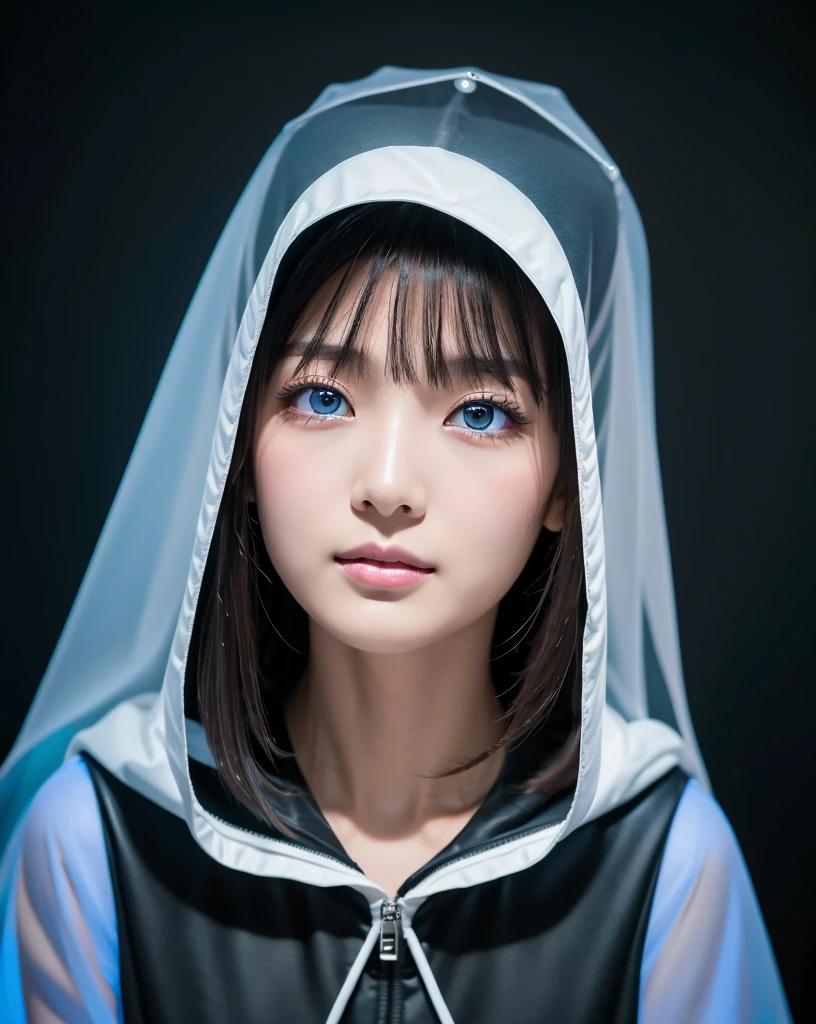 (Highest quality, 32K, High resolution, Masterpiece:1.5, ), marimo_jet, god々A photograph with brilliant dazzling and healing power., Evoking a sense of calm and elusive beauty, Expressing emotions, Have a rich imagination, Beautiful Japanese Girls, An exceptionally beautiful face, Small Face Beauty, Perfect Human Anatomy, Magical big eyes, Motherhood and generosity, Deep Love, fleeting smile, Shiny black hair, Asymmetrical bangs, Hair between the eyes, Transparent, soft white skin, Sharp eyebrows, Thin lashes, Natural Makeup, Cheek highlighter, Pale pink detailed lips, (Black hooded raincoat:1.3), ((Dark Room:1.2)), ((Blue light on a black wall:1.3)), Professional photographer, Professional Lighting, Professional models, god秘的