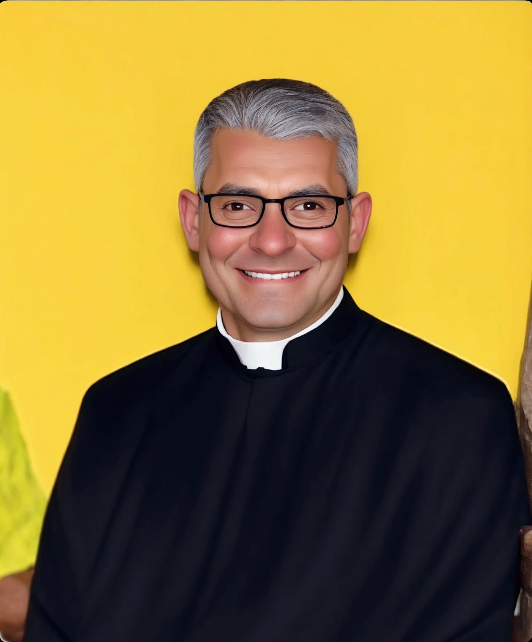 Tall man, strong body, smiling, black glasses, no beard, short gray hair, wearing a priest's costume and on a white background