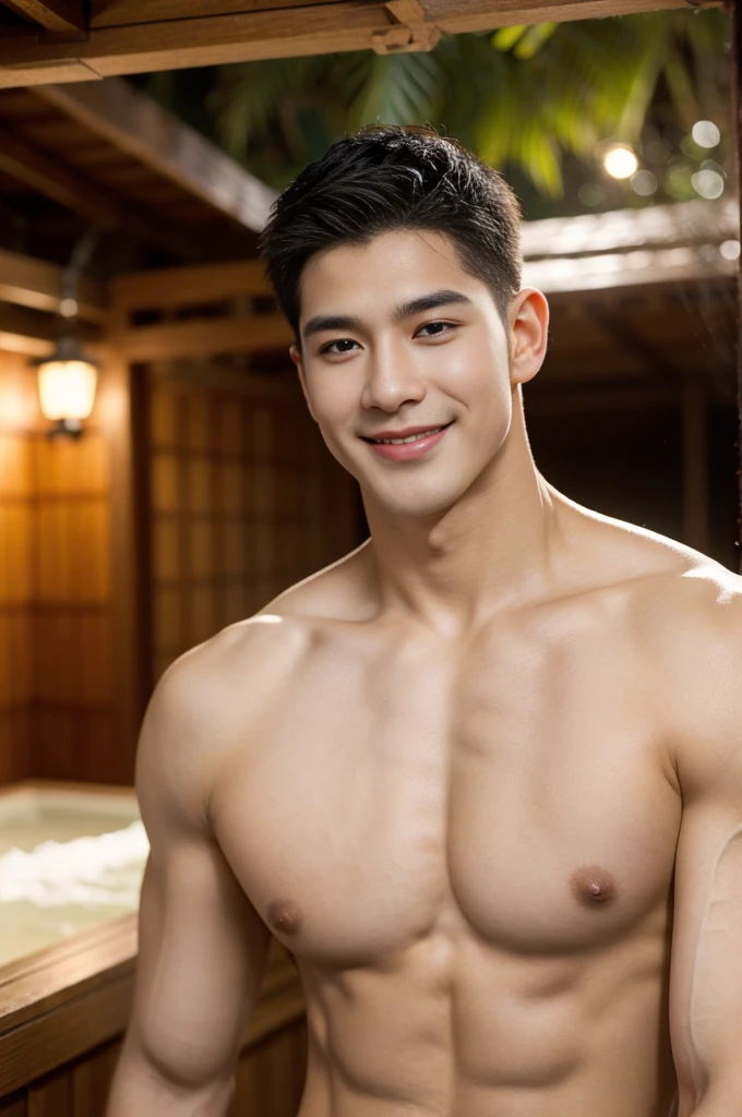 young man 20 years old , (ทรงผมแบบ Crew Cut: 1.3 ), black hair, short hair details, burly handsome man , white t-shirt ,White swimming trunks with large bulges, strong, handsome, outdoor, Take a steam shower., hot spring, Onsen, sweat, look at the audience., depth of field, Bokeh, Detailed background, Detailed light, diffuse natural sunlight, Skin glows naturally., symmetrical eyes, Big smile