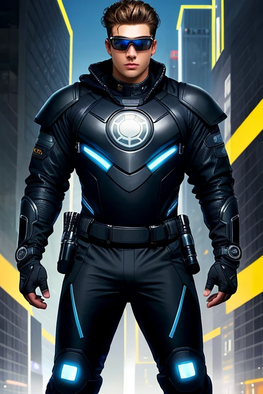 ((best quality)), ((masterpiece)), (detailed),1 boy, big , cool handsome young man, beautiful, cyber suit, cyber suit jacket, cyber goggles, cyber boots,