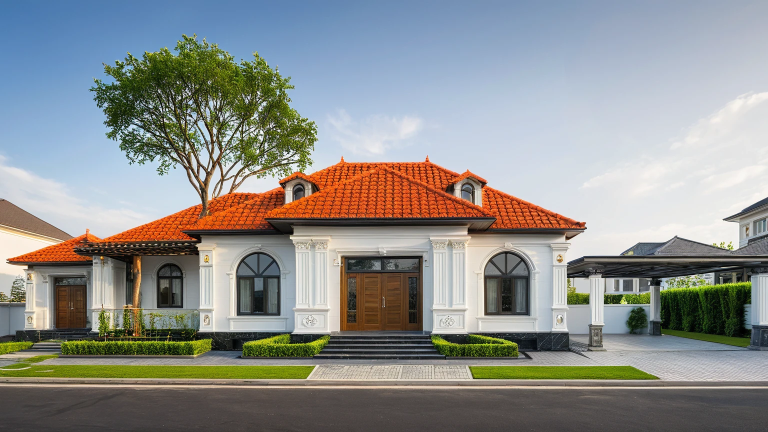 modern villa on street, (daylight), tropical tree, vivid colour, streetcapes, white tone, white wall, large glass door, warm interior lighting, wood and marble, best quality, 17ArchiAI_XL_VL-v1
