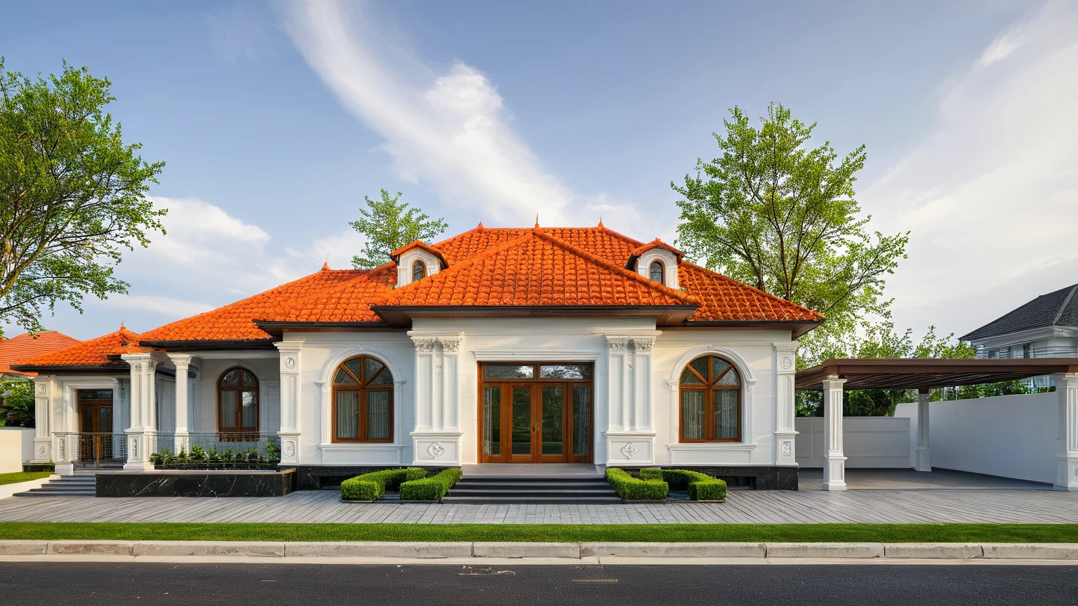 modern villa on street, (daylight), tropical tree, vivid colour, streetcapes, white tone, white wall, large glass door, warm interior lighting, wood and marble, best quality, 17ArchiAI_XL_VL-v1