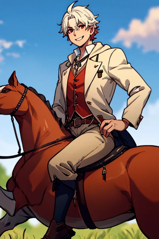 Perfect face. Perfect hands. A young white haired man with red eyes in a Gothic sheriff's uniform is riding a horse through a wild west town with a big smile