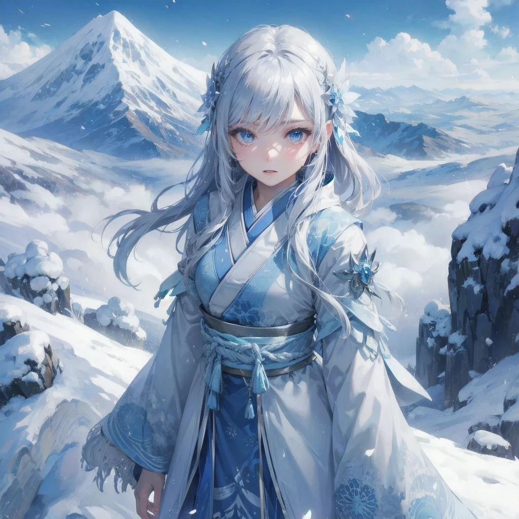masterpiece, (textured skin), best quality, gorgeous beautiful, (a beautiful girl,yukionna,japanese snow fairy),detailed clothes,large breasts,narrow waist,, (beautiful face), cinematic lighting, (fantasy anime art ),