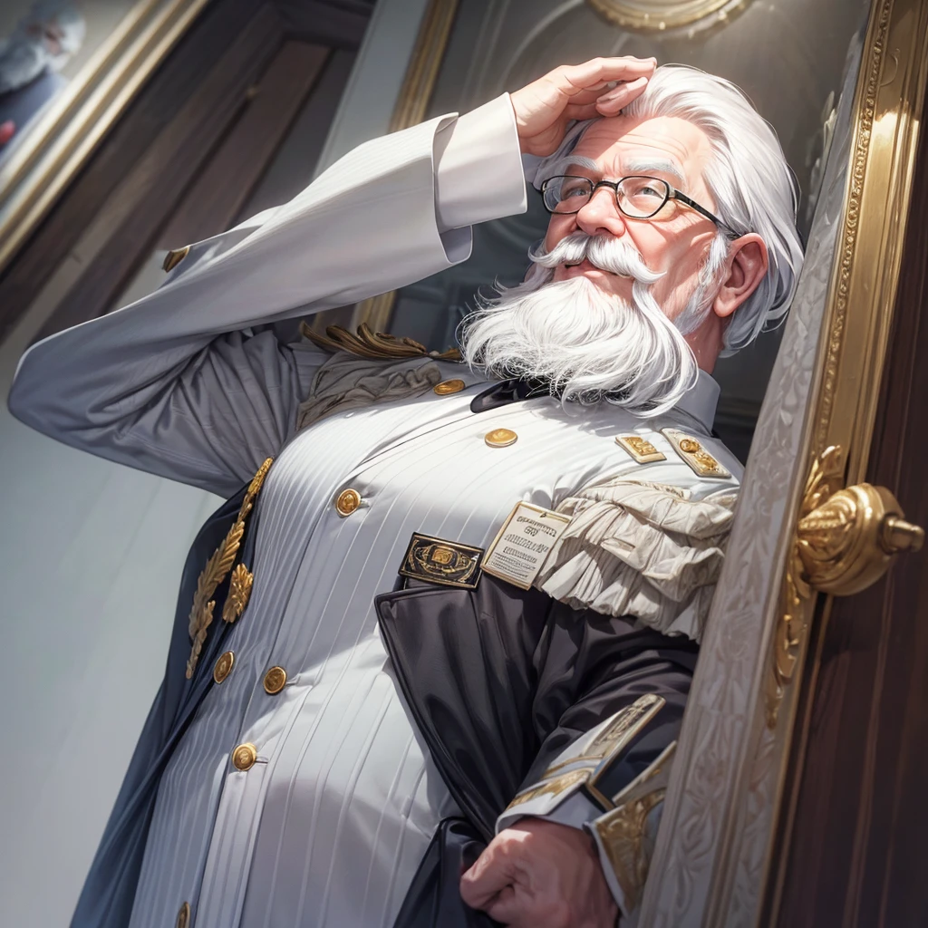Colonel Harland David Sanders stood with his hands clasped., with a white suit,Made of ceramic, 30 years old, Smiling face, white hair, white mustache and beard. The surface is ceramic. 